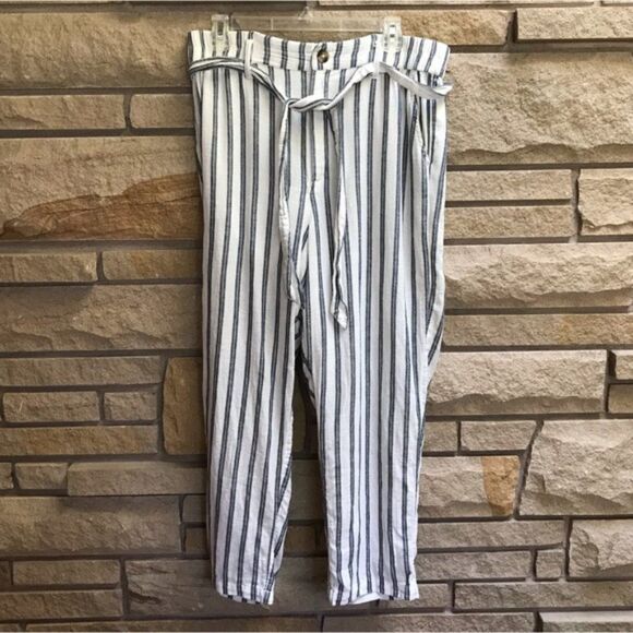 American Eagle Straight Leg Belted Elastic Waist Pants White Blue Stripe large - Picture 2 of 8